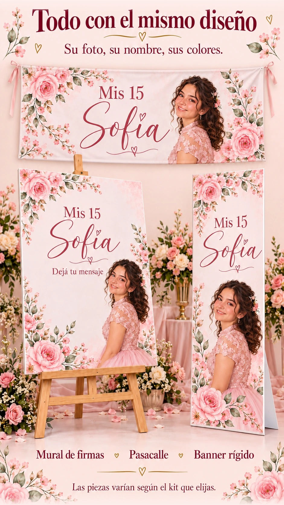 Familia de piezas coordinadas con la misma foto ficticia de Sofía: pasacalle, mural vertical de firmas y banner rígido de pie.