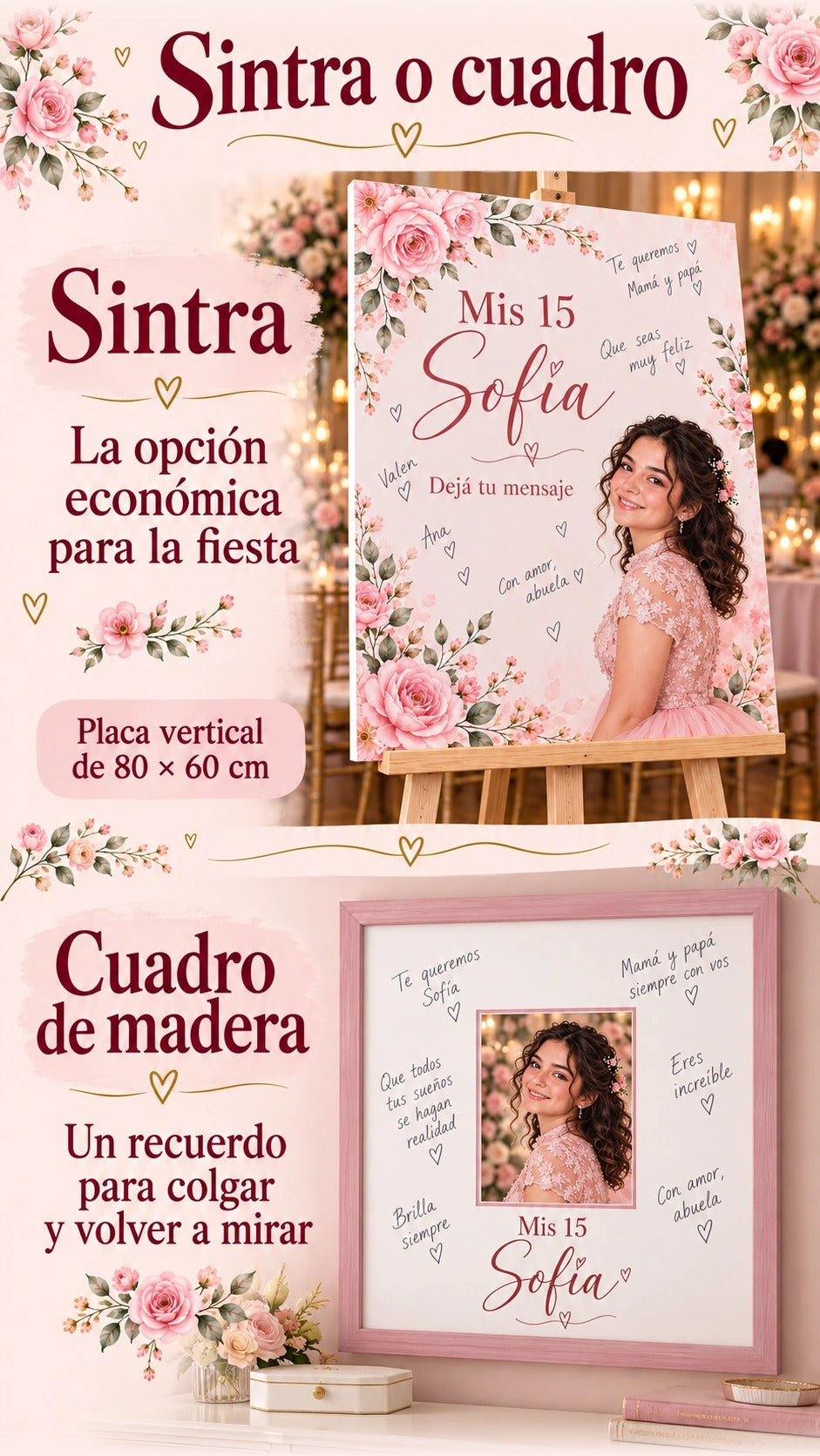 Diferencia entre la placa vertical de Sintra en atril y el cuadro de madera con borde blanco para firmas.
