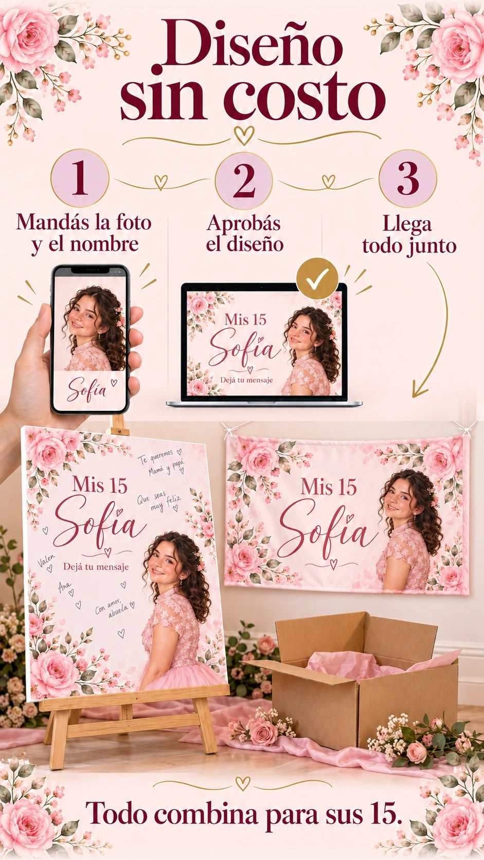 Proceso de personalización: enviar foto y nombre, aprobar el diseño y recibir las piezas juntas.