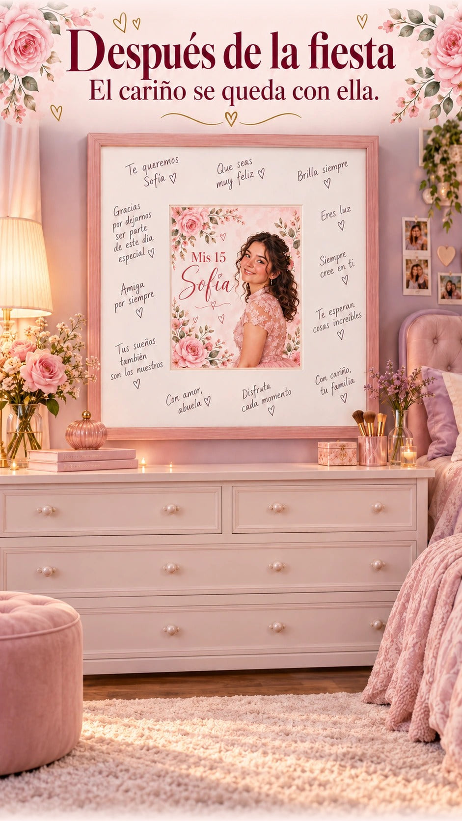 Cuadro de madera rosa con foto de Sofía y mensajes de familiares y amigos, colgado en su dormitorio después de la fiesta.
