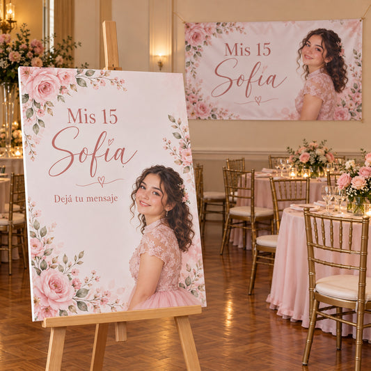 Mural de firmas rosa de Sofía, sin marco, sobre atril de madera y pasacalle coordinado en un salón de quince años.