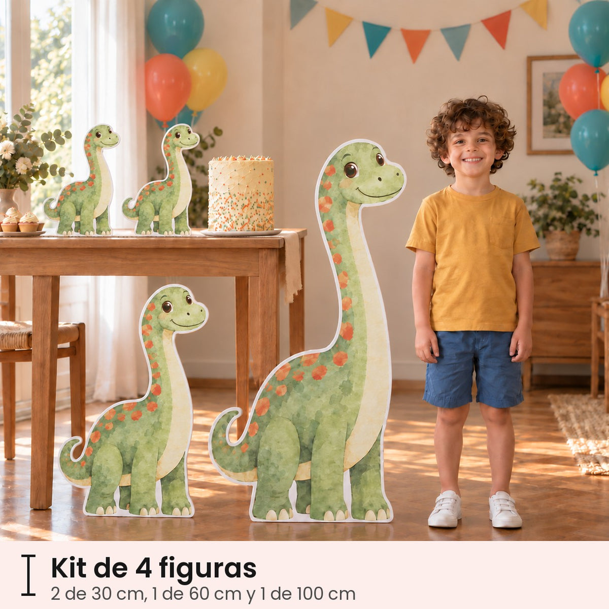 Kit de 4 figuras rígidas: dos de 30 cm sobre la mesa, una de 60 cm y una de 100 cm junto a un niño de 1,10 m