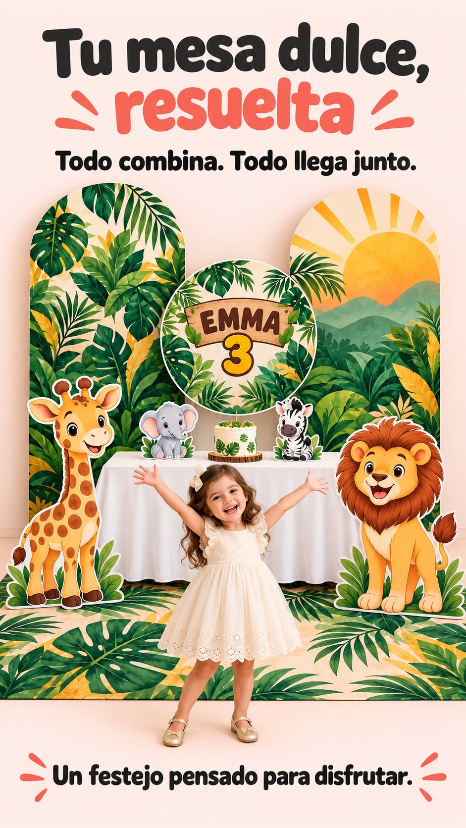 Niña ficticia frente al kit Premium safari armado con los ocho componentes físicos y la alfombra.