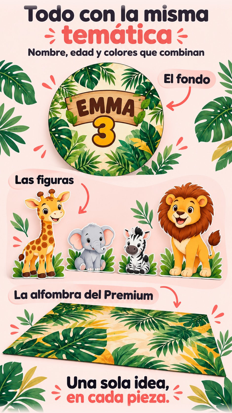 Detalles coordinados del fondo Emma 3, figuras safari y alfombra del Premium con la misma paleta y temática.
