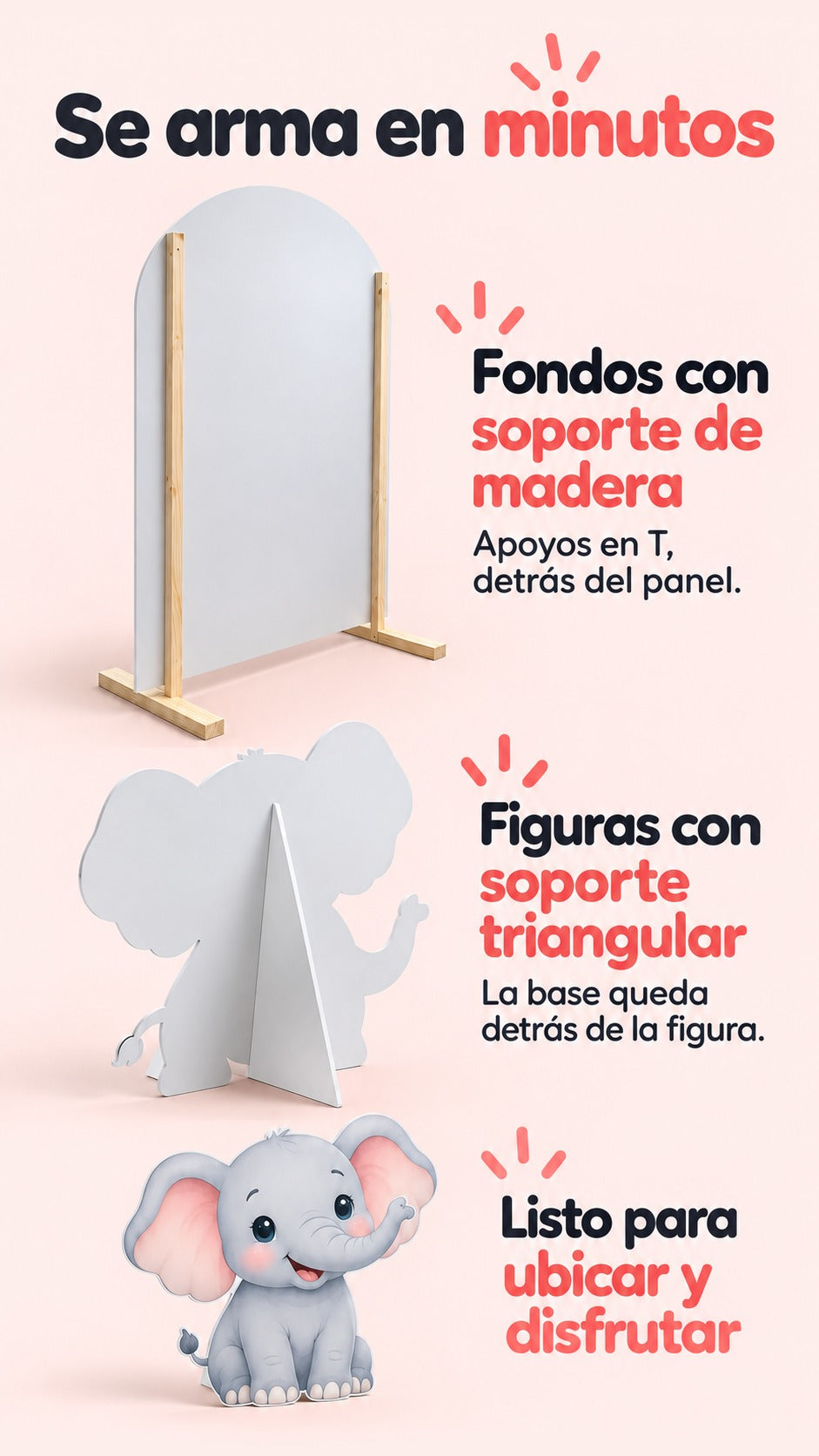 Dorso de fondo con dos listones de madera y apoyos en T; dorso de figura con aleta triangular blanca perpendicular y vista frontal de la figura parada.