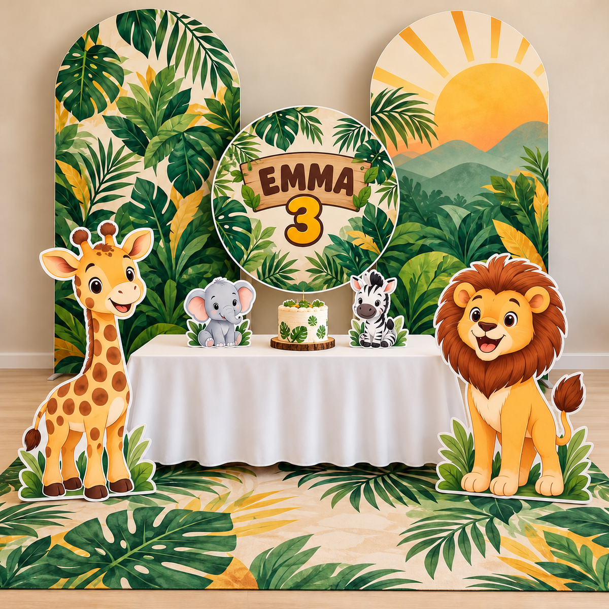 Portada principal del Kit Premium safari: dos arcos, un fondo circular, dos figuras grandes, dos pequeñas y alfombra coordinada.