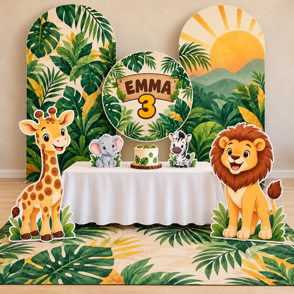 Portada principal del Kit Premium safari: dos arcos, un fondo circular, dos figuras grandes, dos pequeñas y alfombra coordinada.