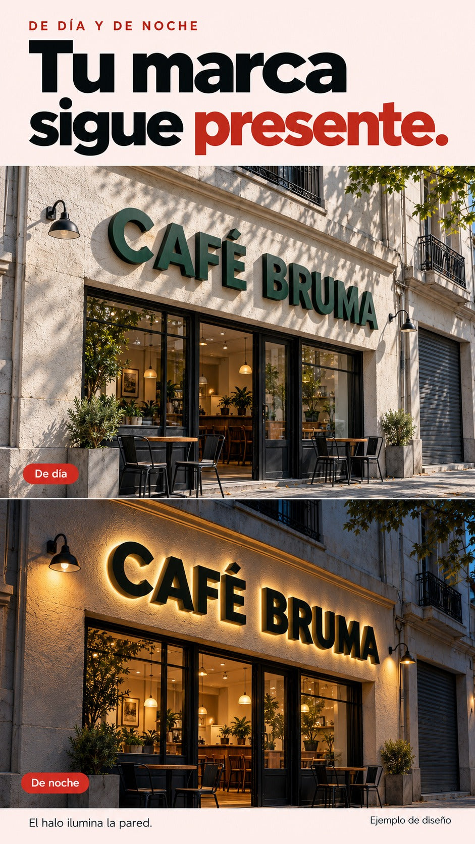 La misma fachada ficticia Café Bruma de día y de noche, con halo cálido detrás de las letras en la vista nocturna.