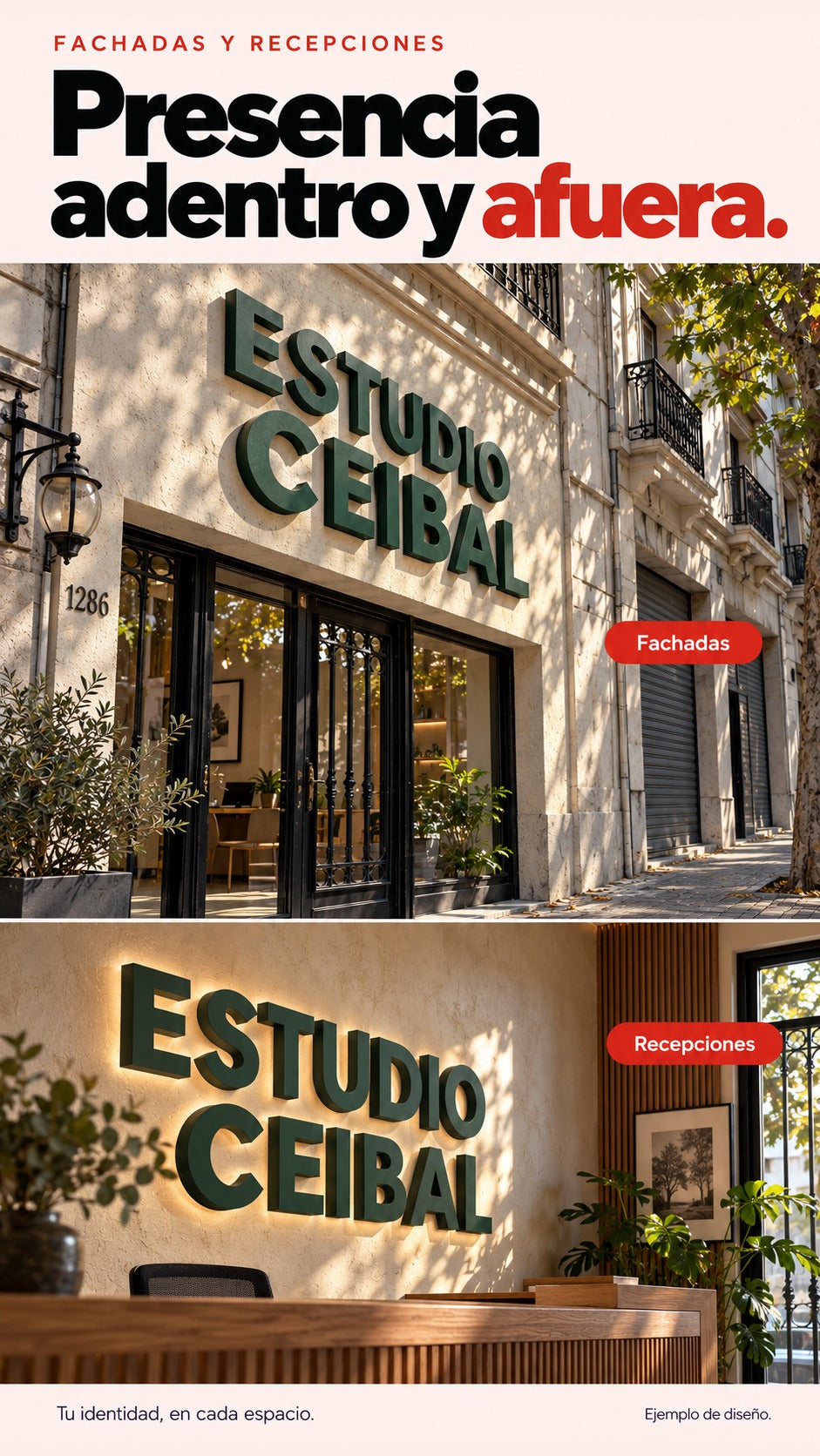 Aplicación exterior e interior de letras Estudio Ceibal, con halo detrás de las letras de recepción.