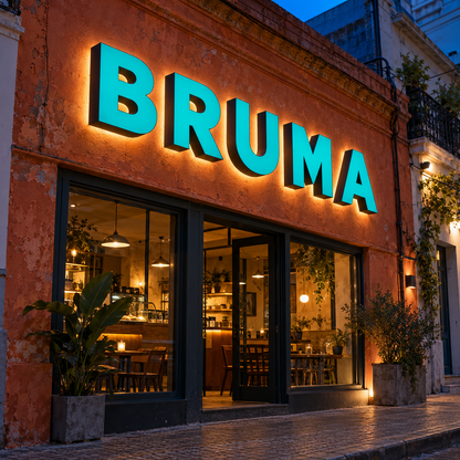 Imagen conceptual de letras corpóreas BRUMA con profundidad y retroiluminación sobre una fachada ficticia al atardecer.