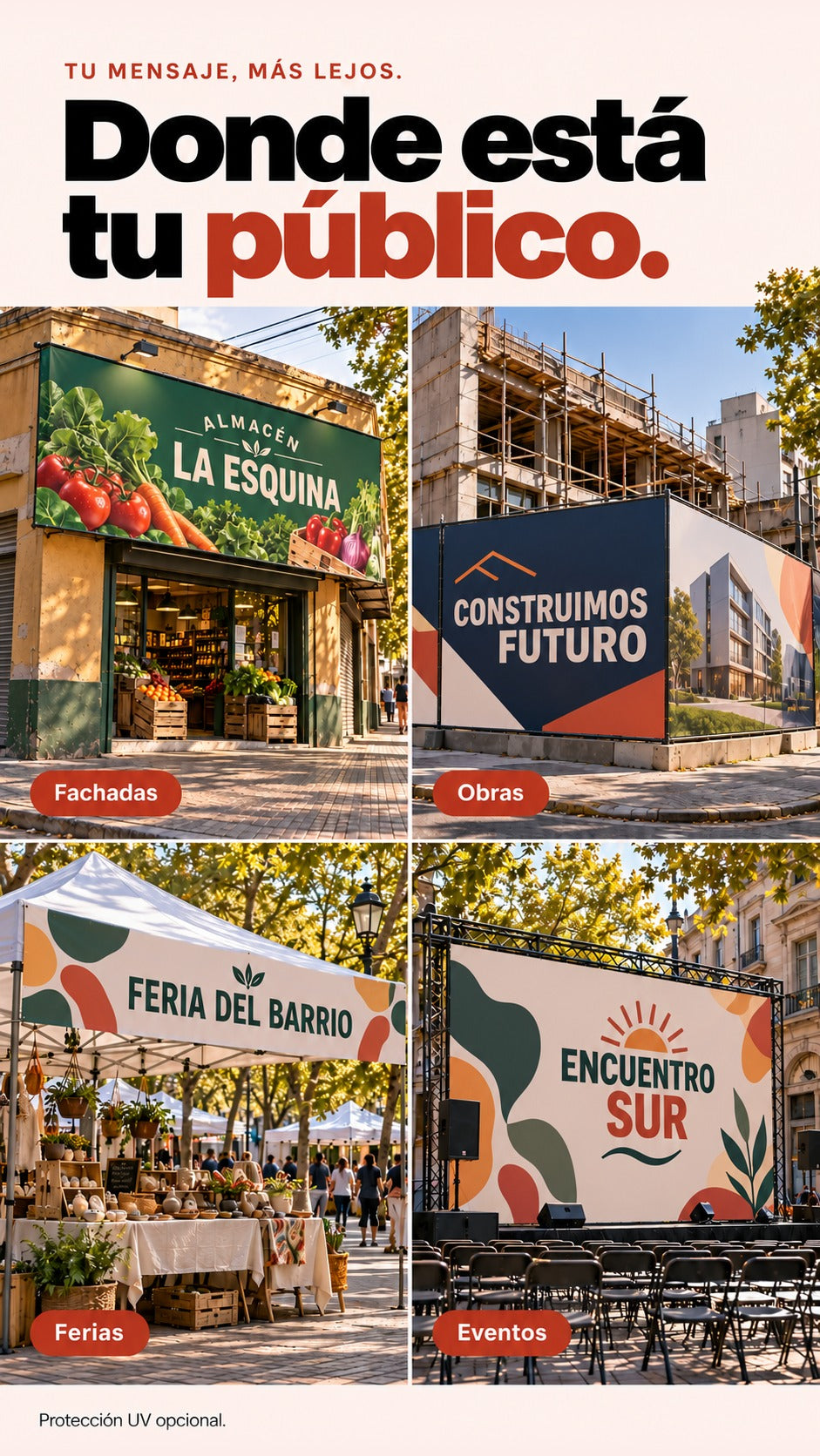 Cuatro escenas publicitarias generadas de lona impresa en fachadas, obras, ferias y eventos de ambiente montevideano.