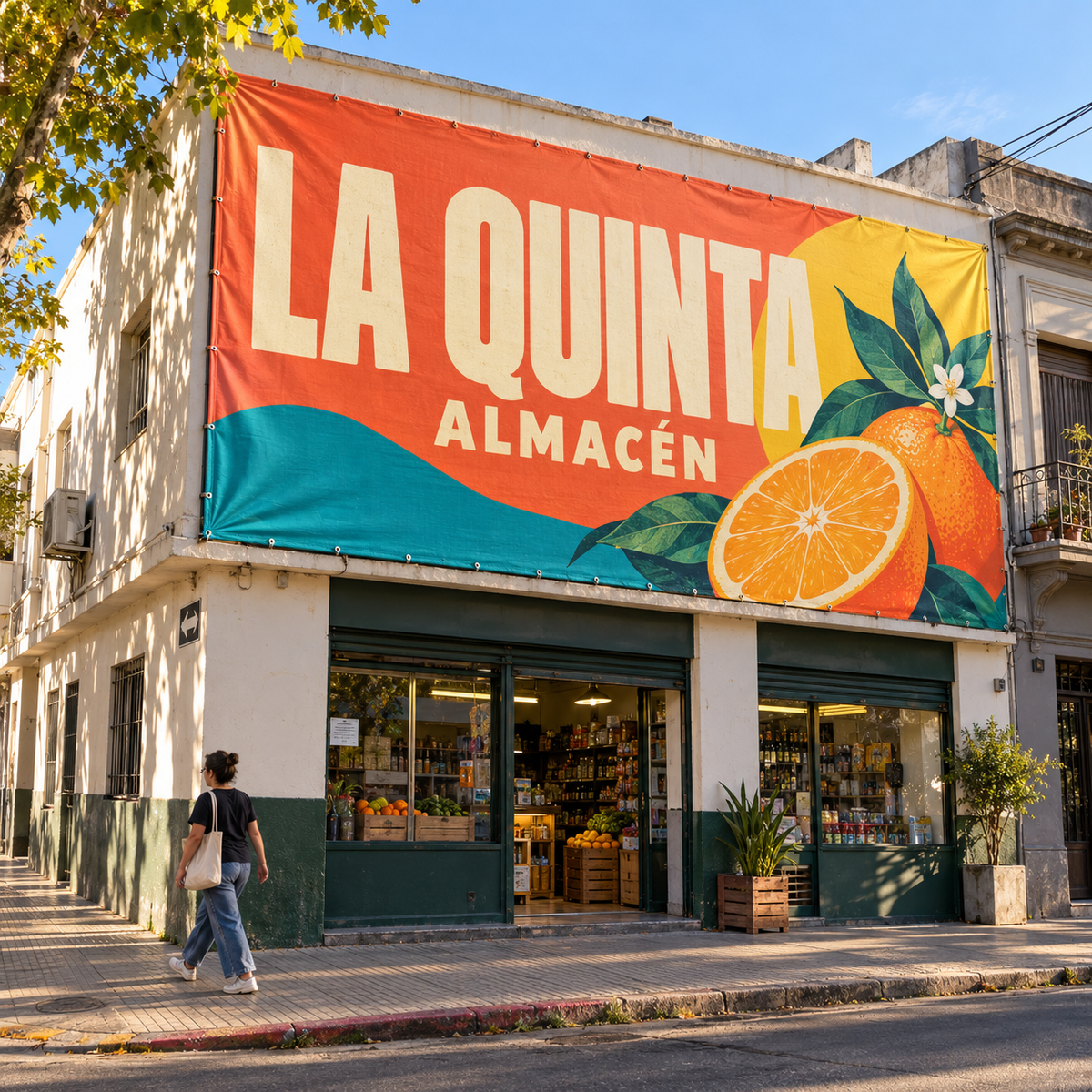 Imagen conceptual de lona impresa de gran formato tensada sobre la fachada de un almacén ficticio LA QUINTA.