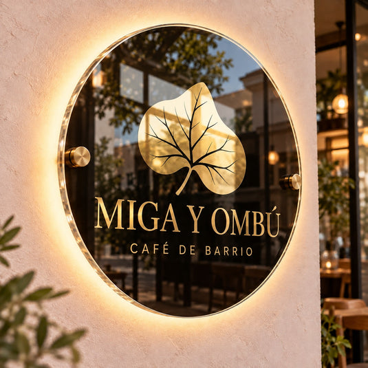 Imagen conceptual de un cartel Lumi Glass con diseño de una cafetería ficticia uruguaya, acrílico brillante impreso por detrás, detalles oro y halo cálido proyectado sobre la pared.