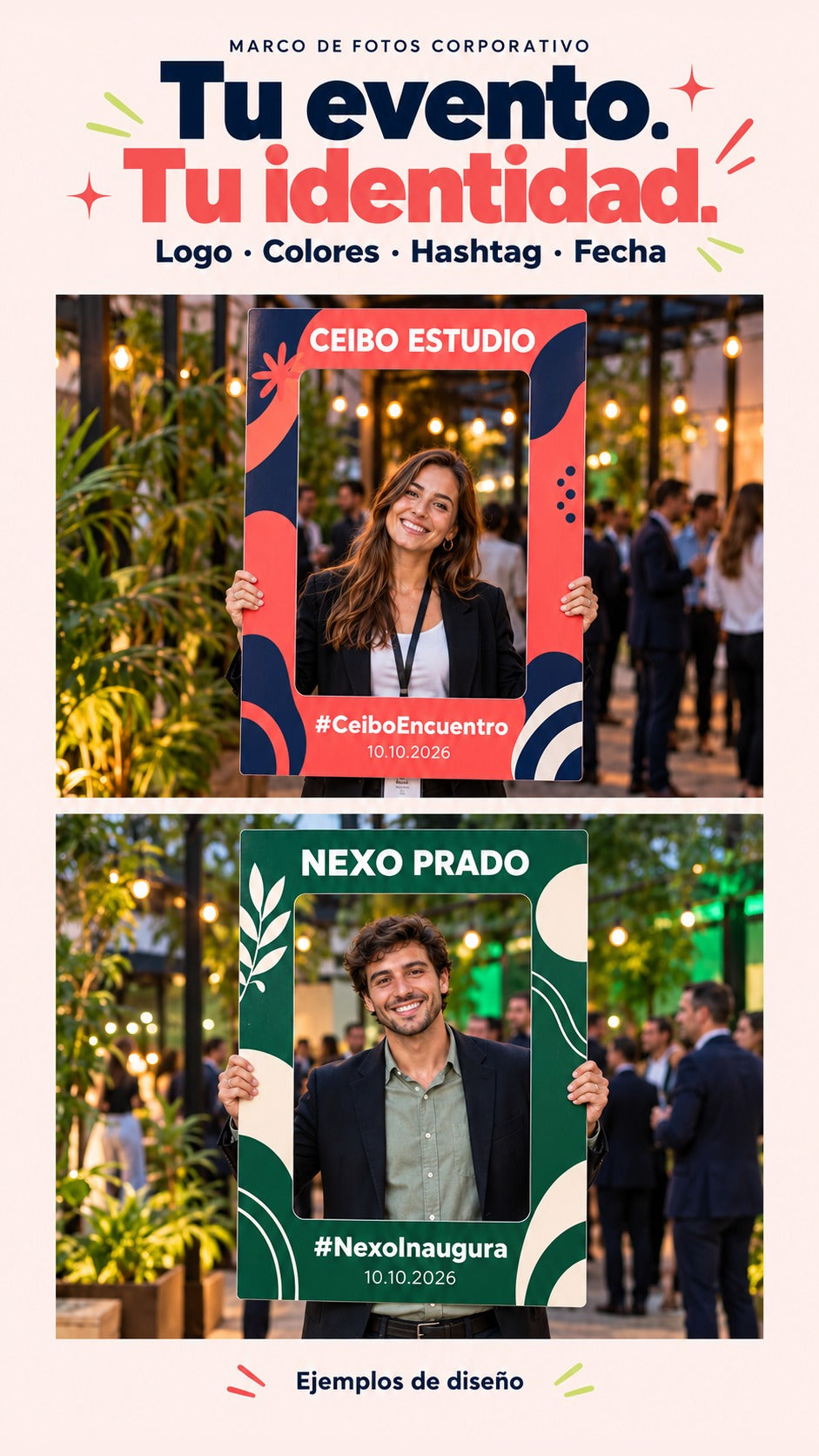 Imagen conceptual del mismo formato de marco de fotos de mano con dos identidades ficticias, Ceibo Estudio y Nexo Prado, para mostrar logo, colores, hashtag y fecha personalizados.