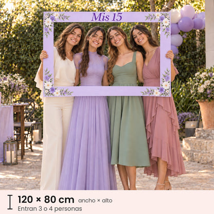 Marco selfie de 120 × 80 cm sostenido por cuatro personas: entran tres o cuatro