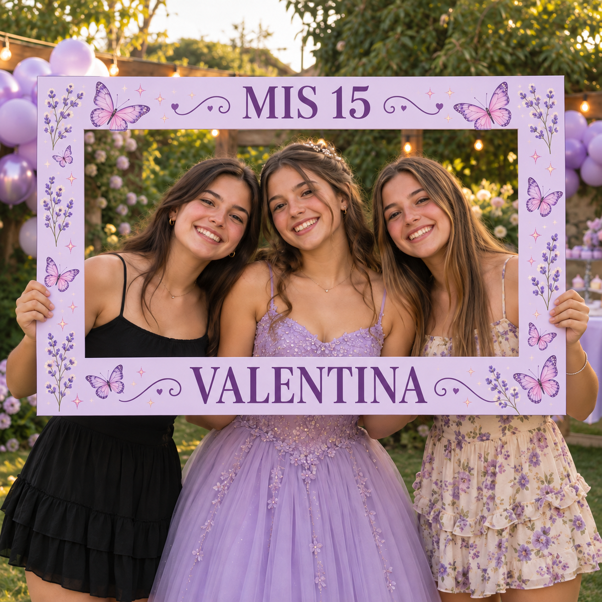 Quinceañera ficticia Valentina con dos amigas sostiene un marco rectangular lavanda con mariposas impresas.