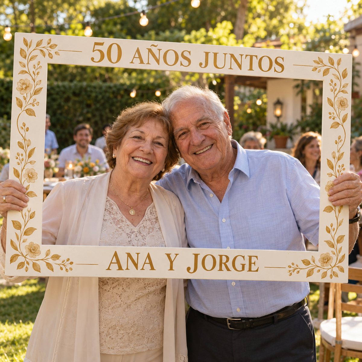 Pareja mayor ficticia Ana y Jorge celebra cincuenta años juntos con un marco rectangular crema y dorado.
