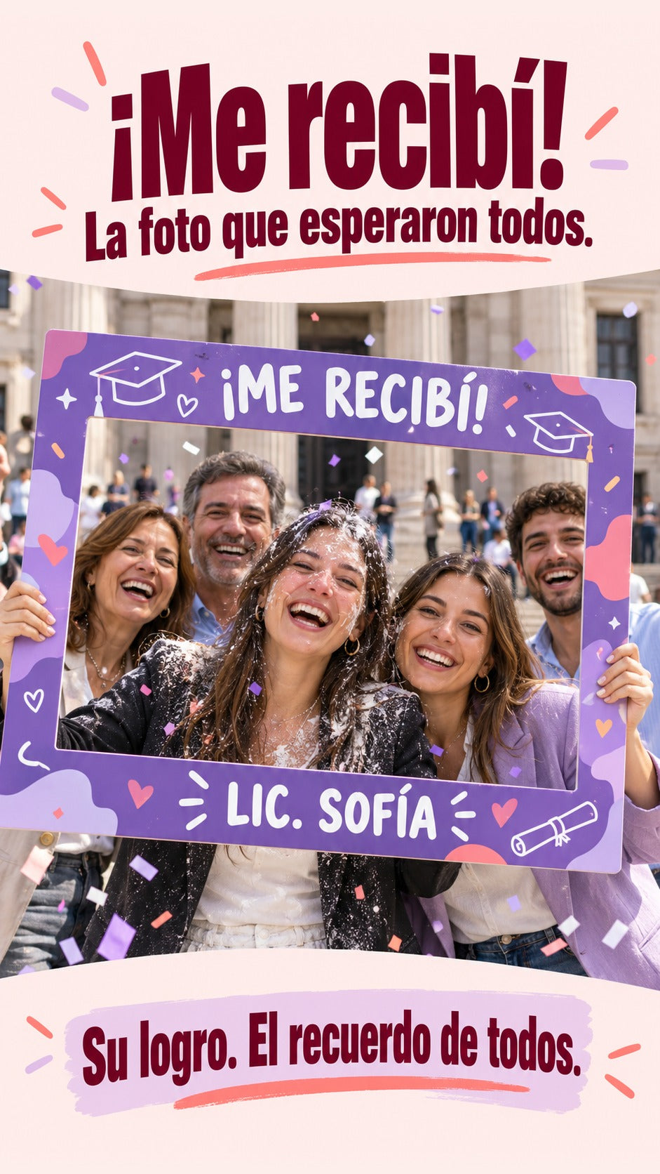 Recibida ficticia enharinada celebra con su familia dentro de un marco selfie violeta calado.