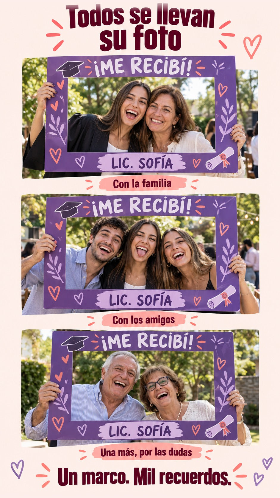 Tres grupos de invitados ficticios posan de a dos o tres con el mismo marco personalizado de recibida.