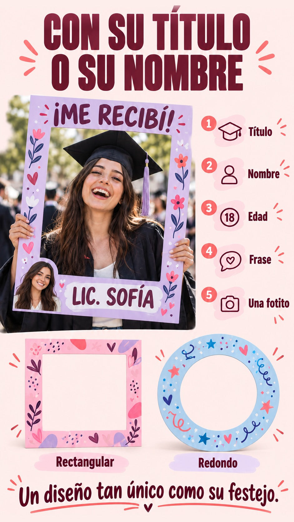 Personalización del marco con título, nombre, edad, frase y foto; ejemplos rectangular y redondo.