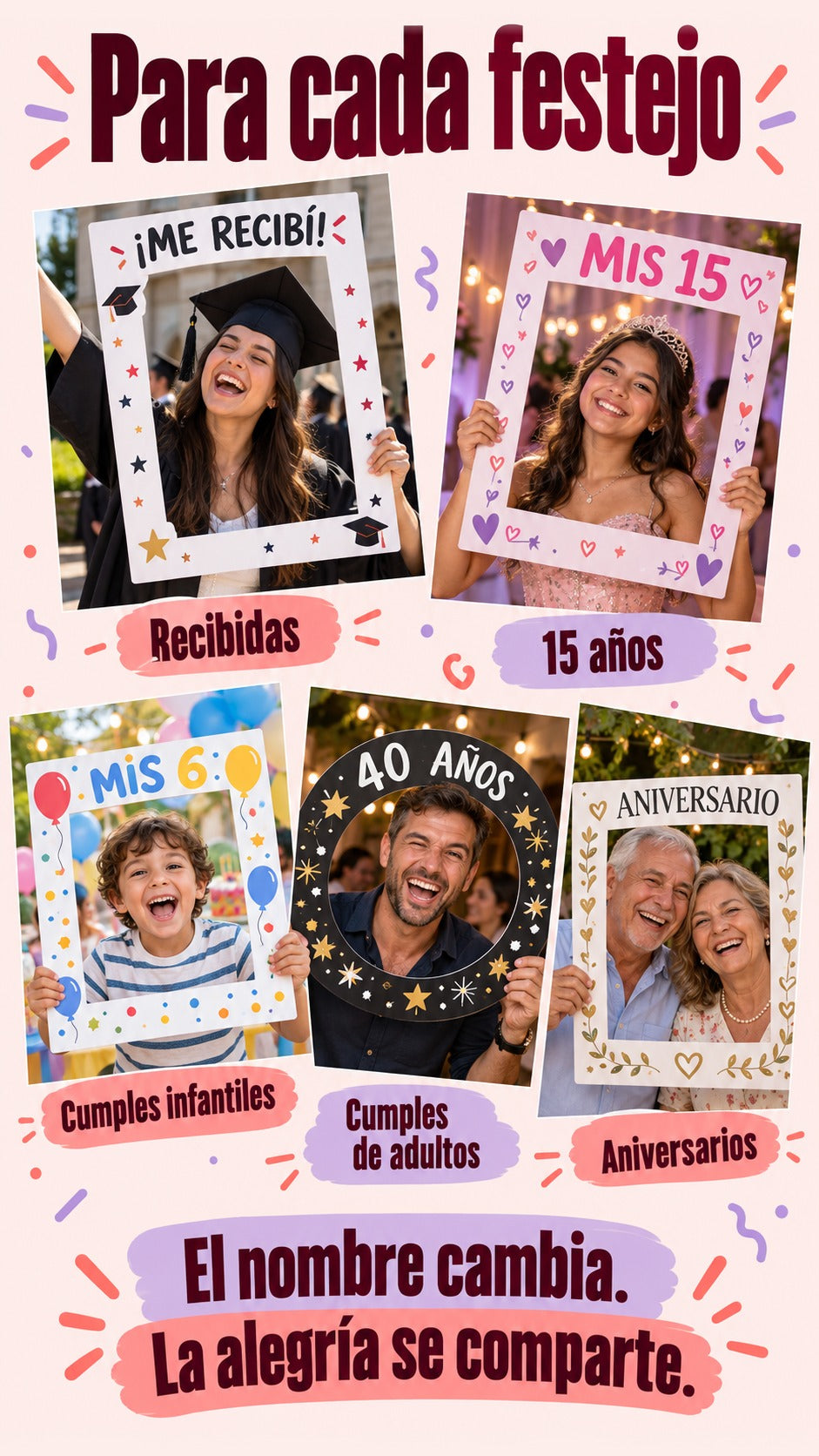 Marcos calados rectangulares y redondo para recibidas, quince años, cumpleaños y aniversarios.