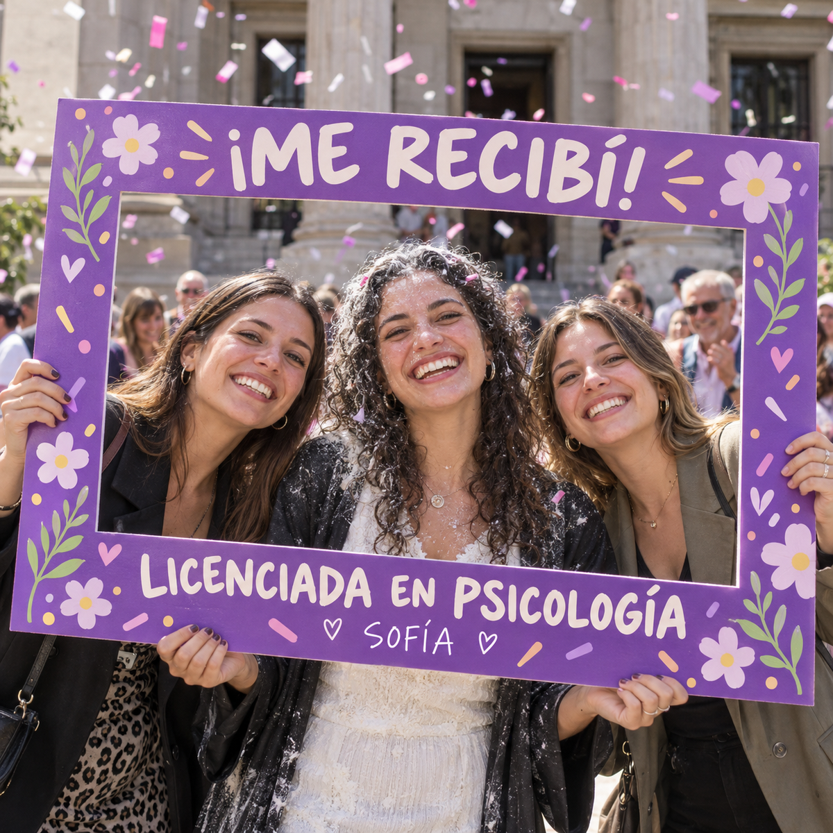 Recibida uruguaya ficticia con harina y papel picado celebra junto a dos amigas con marco Licenciada en Psicología.