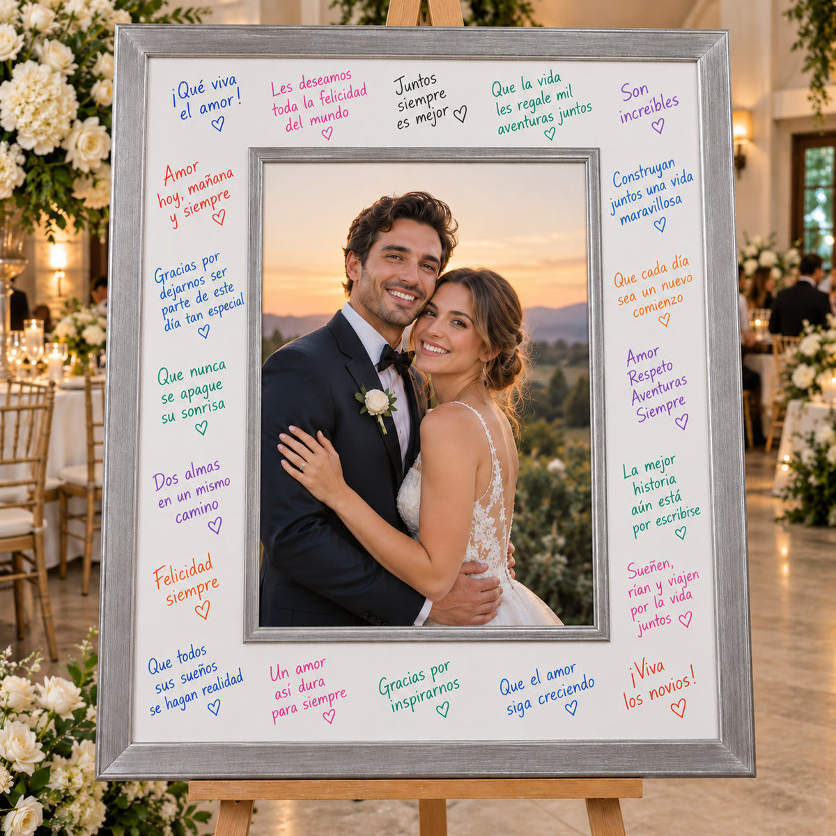 Mural de marco plateado en un casamiento, con retrato de la pareja y mensajes de invitados en el borde blanco.