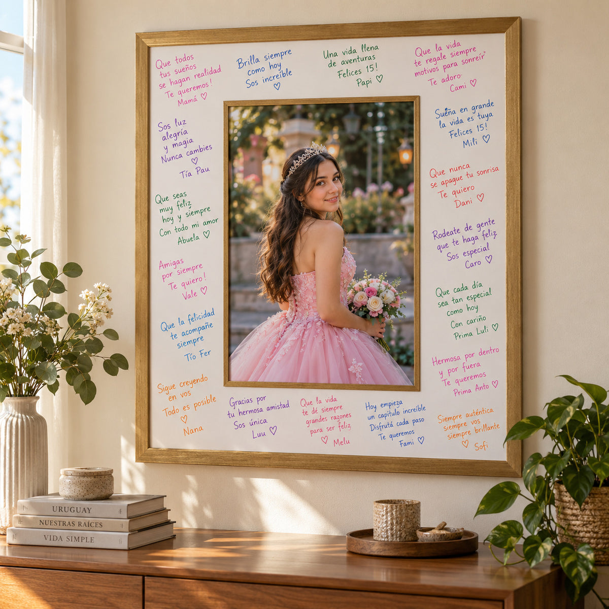Mural dorado con retrato de quinceañera y firmas de colores colgado en un dormitorio, sobre un mueble.