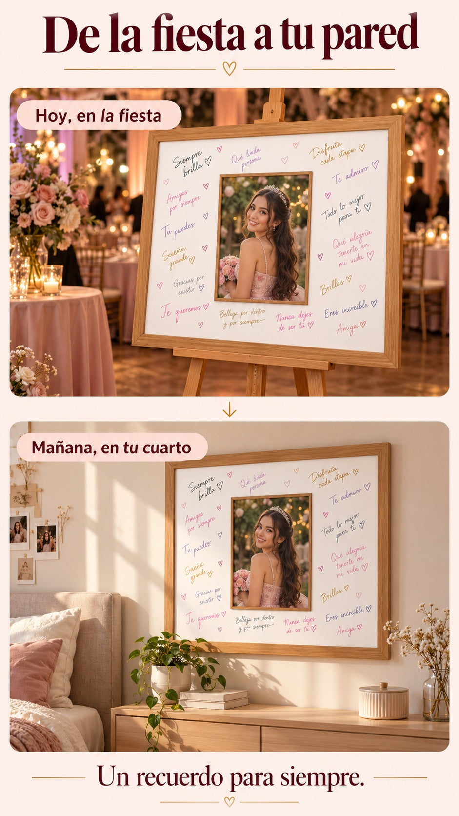 El mismo mural de firmas primero sobre un atril en la fiesta y después colgado en la pared de un dormitorio.