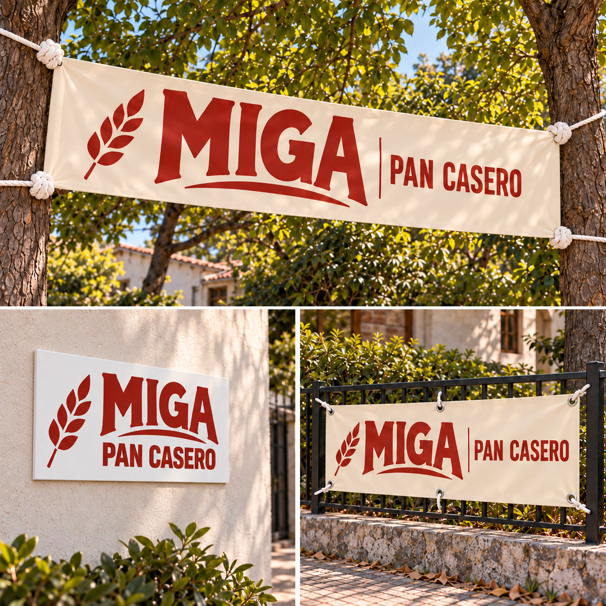 Composición de tres fotos separadas. Imagen conceptual del Pack Emprendedor MIGA Pan Casero: pasacalle temporal entre árboles junto al negocio, cartel rígido de Sintra en la pared y lona reforzada con ojales en la reja.