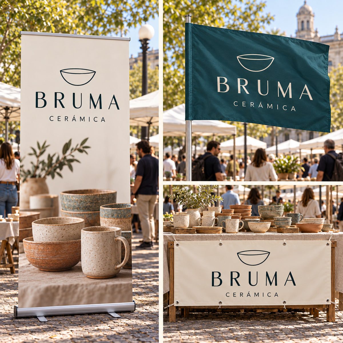 Composición de tres fotos separadas. Imagen conceptual del Pack Feria BRUMA Cerámica: roll up con base de aluminio, bandera rectangular con vaina lateral en asta y lona reforzada con ojales al frente de la mesa, en una feria uruguaya.