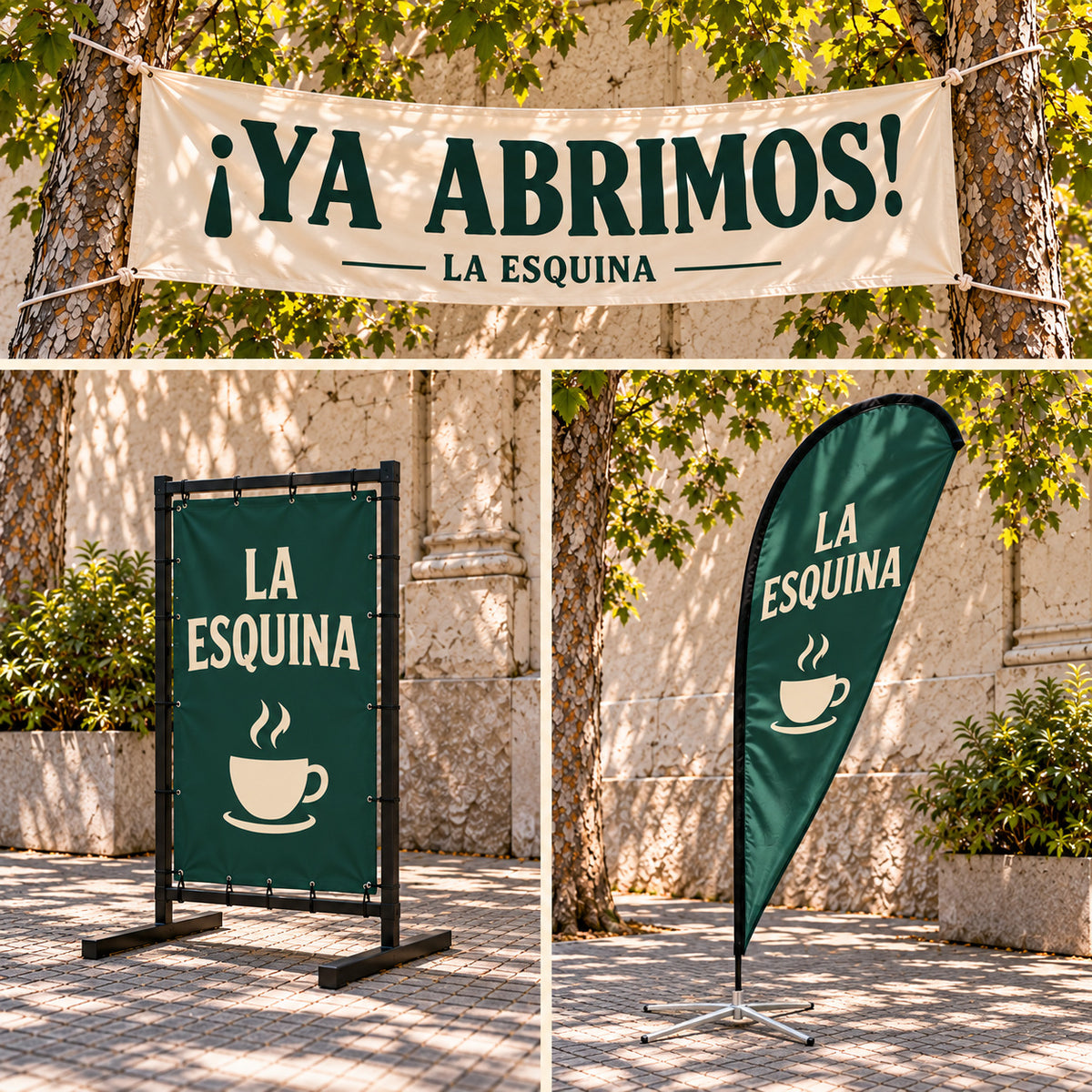 Imagen conceptual de las tres piezas del Pack Inauguración presentadas por separado con la misma marca ficticia LA ESQUINA: pasacalle, cartel de vereda metálico negro y bandera gota.