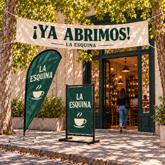 Imagen conceptual de la inauguración de LA ESQUINA, comercio uruguayo ficticio, con pasacalle, cartel de vereda metálico negro y bandera gota de la misma identidad gráfica.