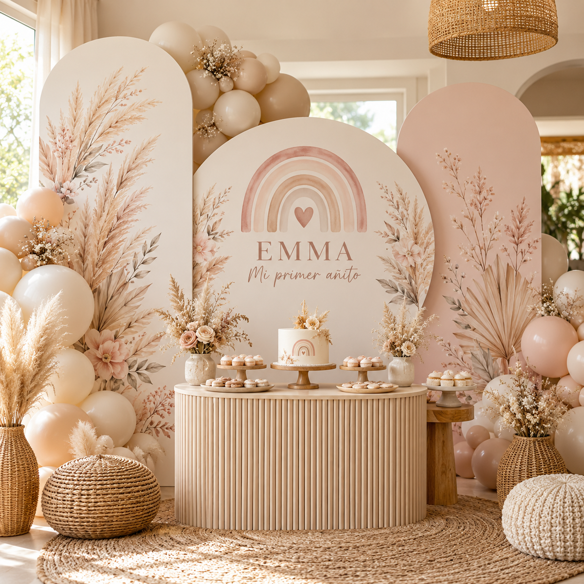 Mesa de primer añito boho en tonos neutros con paneles romanos y nombre ficticio Emma.