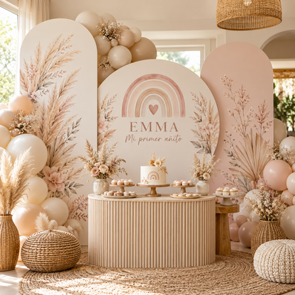 Mesa de primer añito boho en tonos neutros con paneles romanos y nombre ficticio Emma.