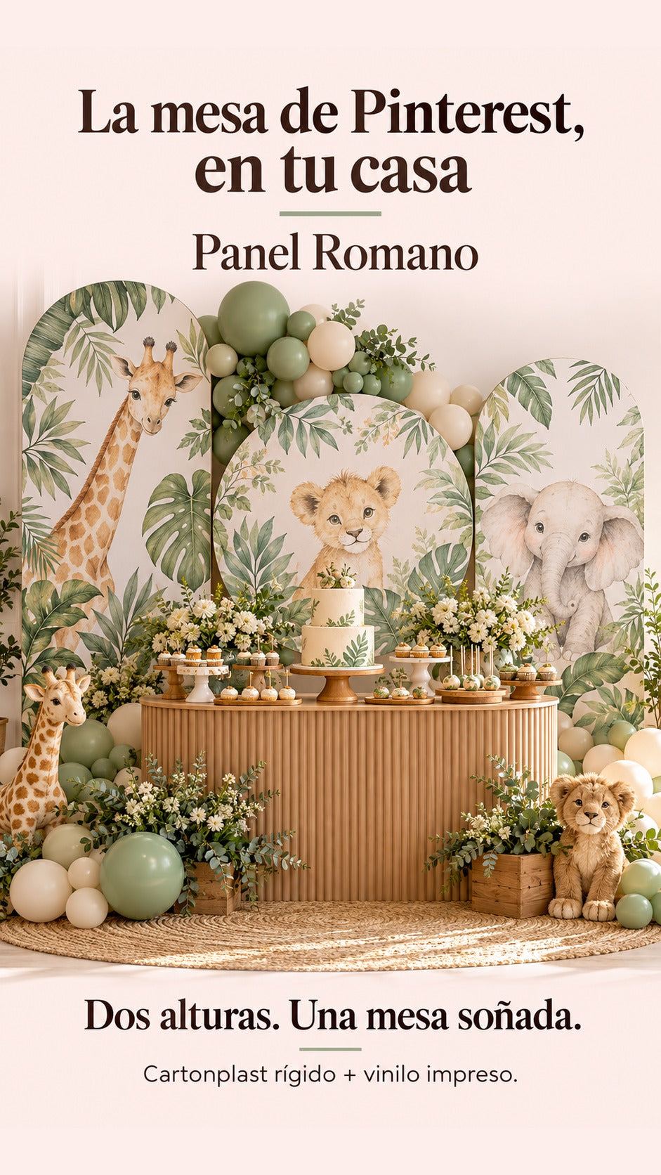 Mesa dulce ilustrativa con dos paneles romanos, fondo circular, globos y temática genérica de selva.