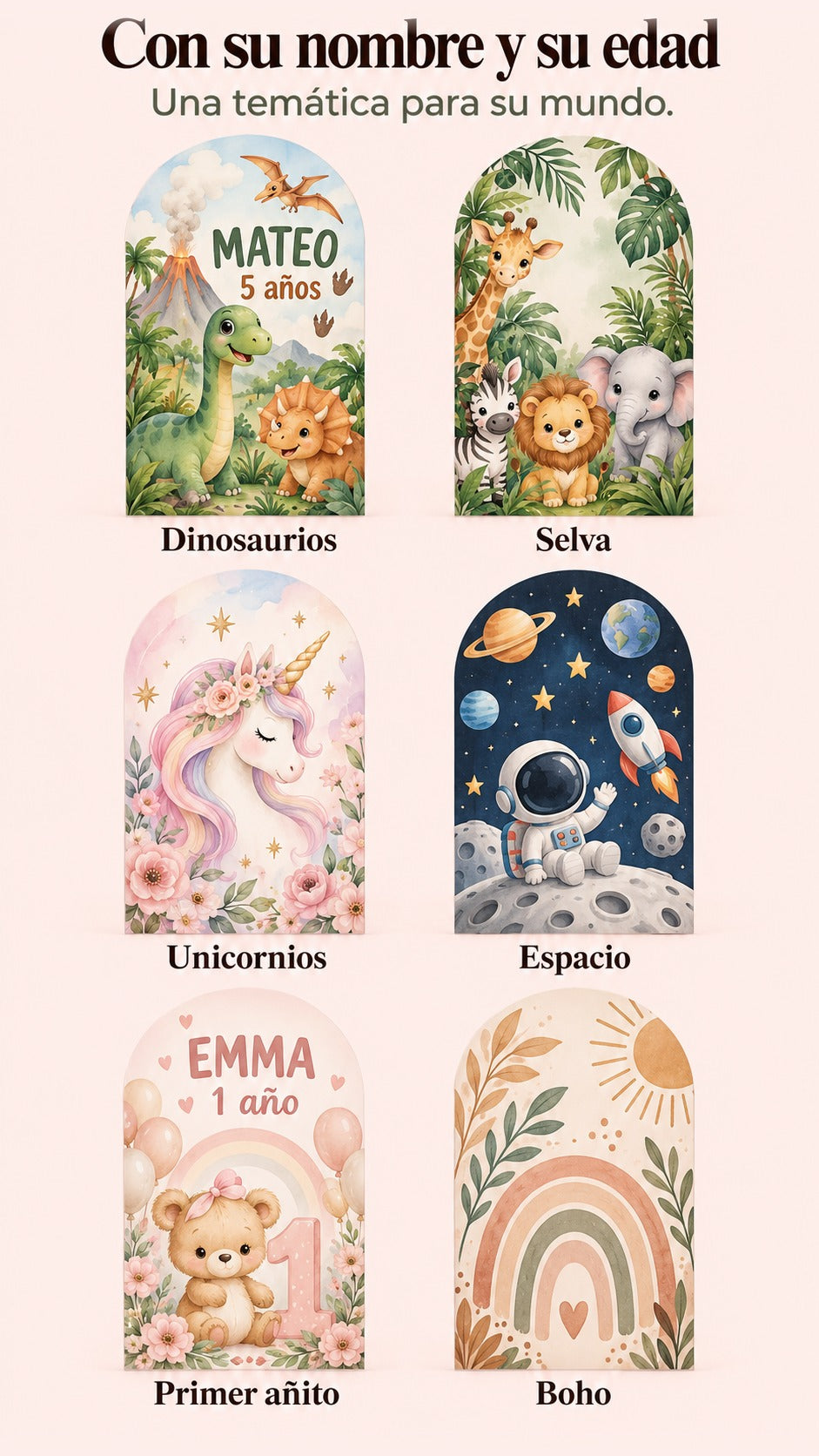 Seis diseños genéricos en forma de arco: dinosaurios, selva, unicornios, espacio, primer añito y boho.