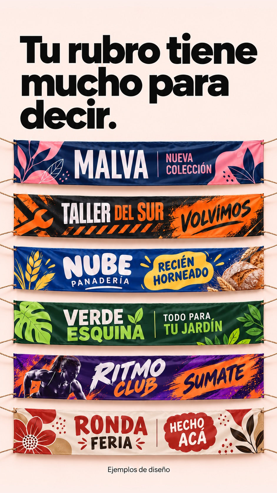 Imagen conceptual de seis pasacalles horizontales personalizados para indumentaria, taller, panadería, jardinería, gimnasio y feria, con diseños de colores vivos sobre fondo melocotón.