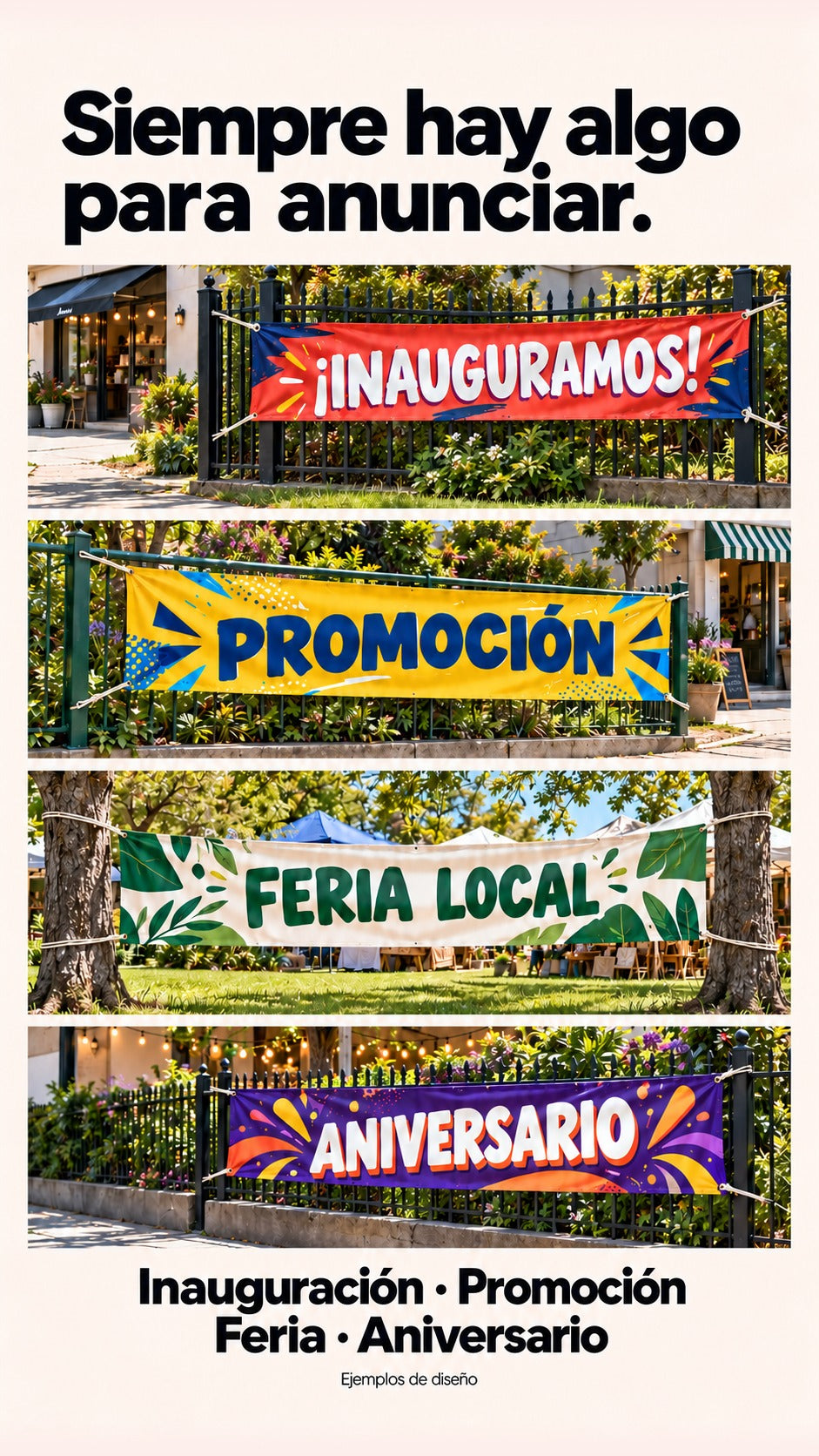 Imagen conceptual de cuatro pasacalles temporales: inauguración y promoción sujetos a rejas laterales junto a comercios, feria local entre árboles al costado del predio y aniversario sobre una reja de jardín, con diseños coloridos.