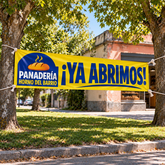Imagen conceptual de un pasacalle amarillo y azul de Panadería Horno del Barrio, atado temporalmente entre dos árboles al costado del local.