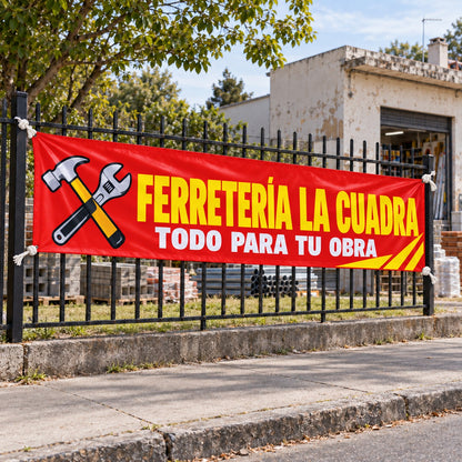 Imagen conceptual de un pasacalle rojo y amarillo de Ferretería La Cuadra, atado temporalmente a una reja lateral junto al comercio.