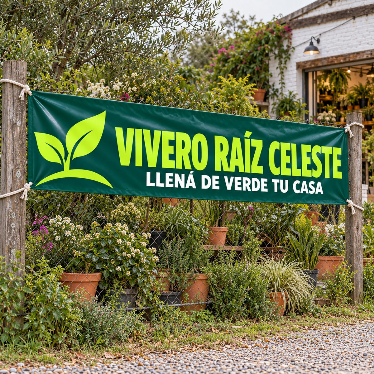 Imagen conceptual de un pasacalle verde y lima de Vivero Raíz Celeste, atado temporalmente a los postes de un alambrado al costado del vivero.