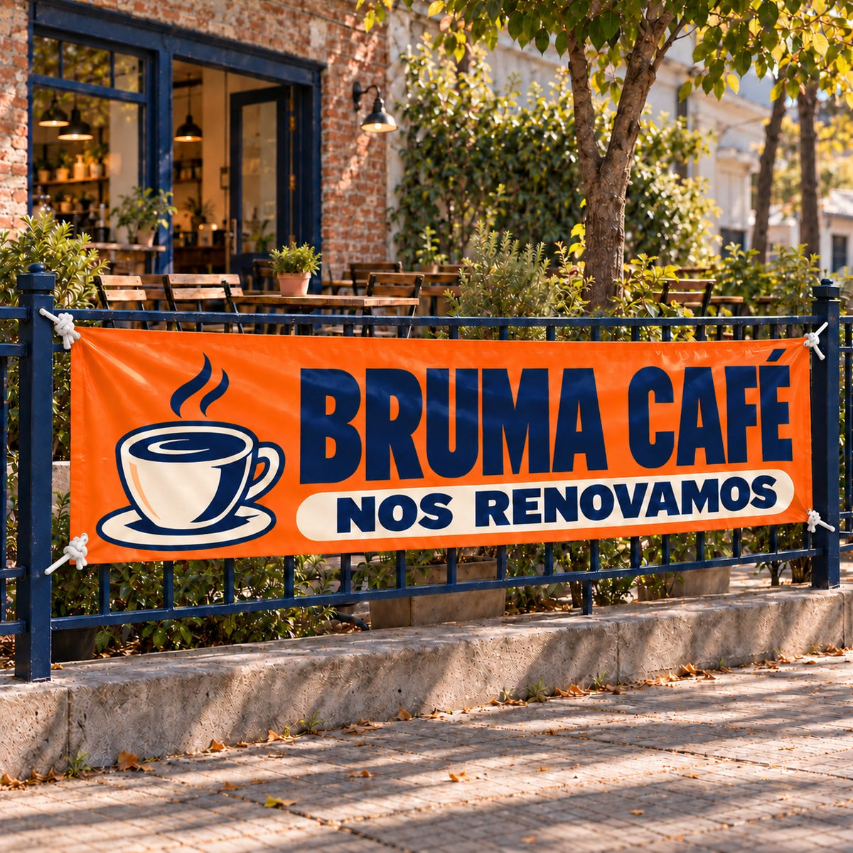Imagen conceptual de un pasacalle naranja y azul de Bruma Café, atado temporalmente a la baranda lateral de su terraza.
