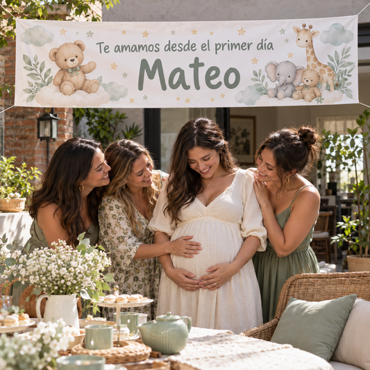 Baby Shower ficticio en patio uruguayo: futura mamá y amigas bajo el pasacalle neutro de Mateo.