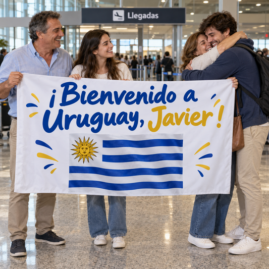 Reencuentro de una familia uruguaya ficticia en llegadas con pasacalle para Javier y bandera uruguaya.