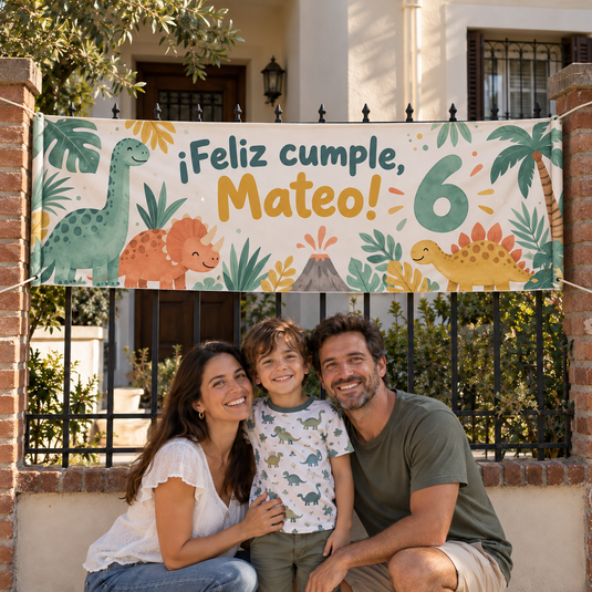 Imagen conceptual de una familia ficticia bajo un pasacalle de cumpleaños con dinosaurios y el nombre Mateo frente a una casa uruguaya.