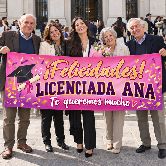 Familia uruguaya ficticia celebra a la Licenciada Ana frente a una facultad genérica con pasacalle rosa.
