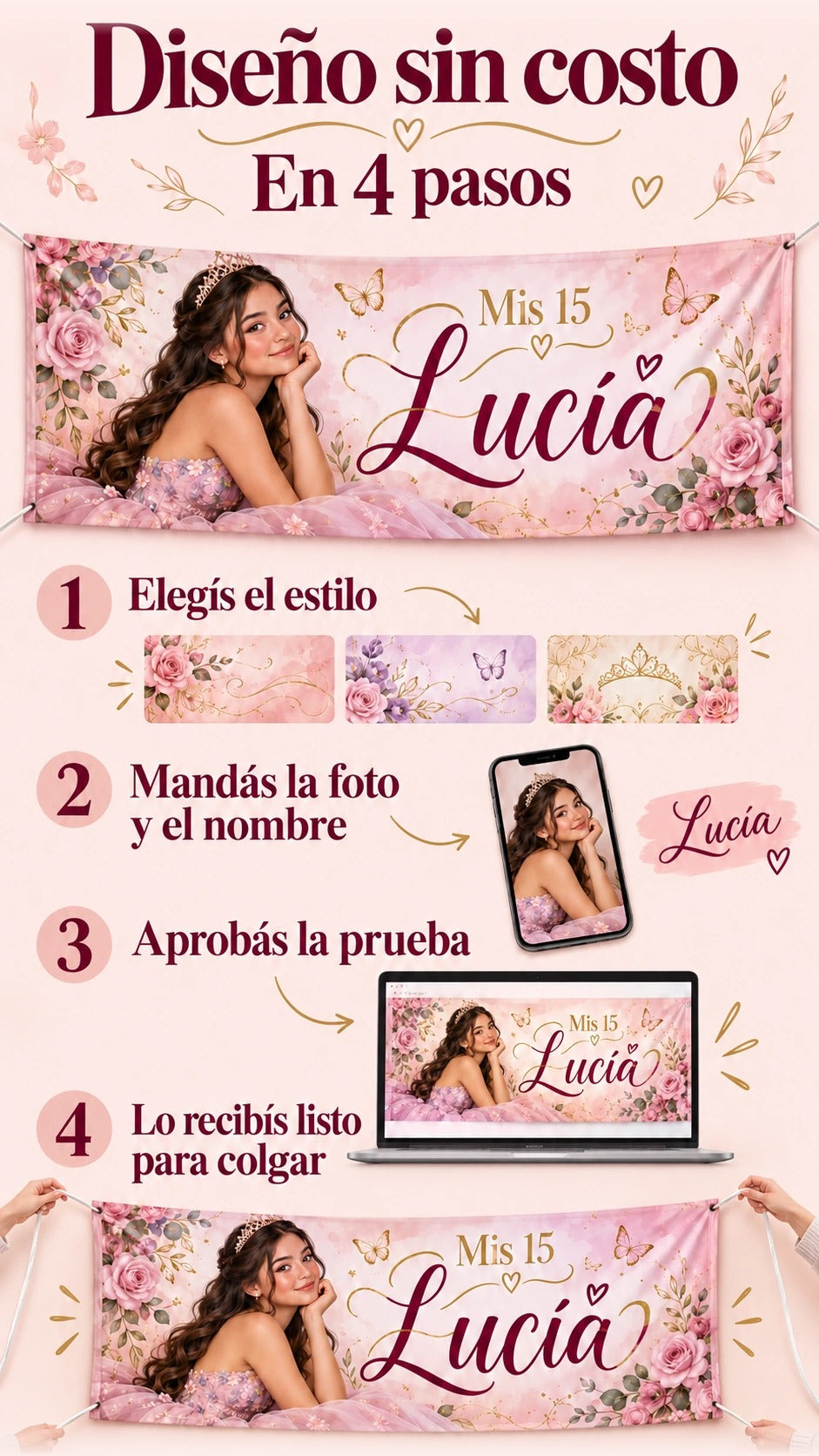 Cuatro pasos para solicitar el diseño sin costo de un pasacalle de quinceañera.