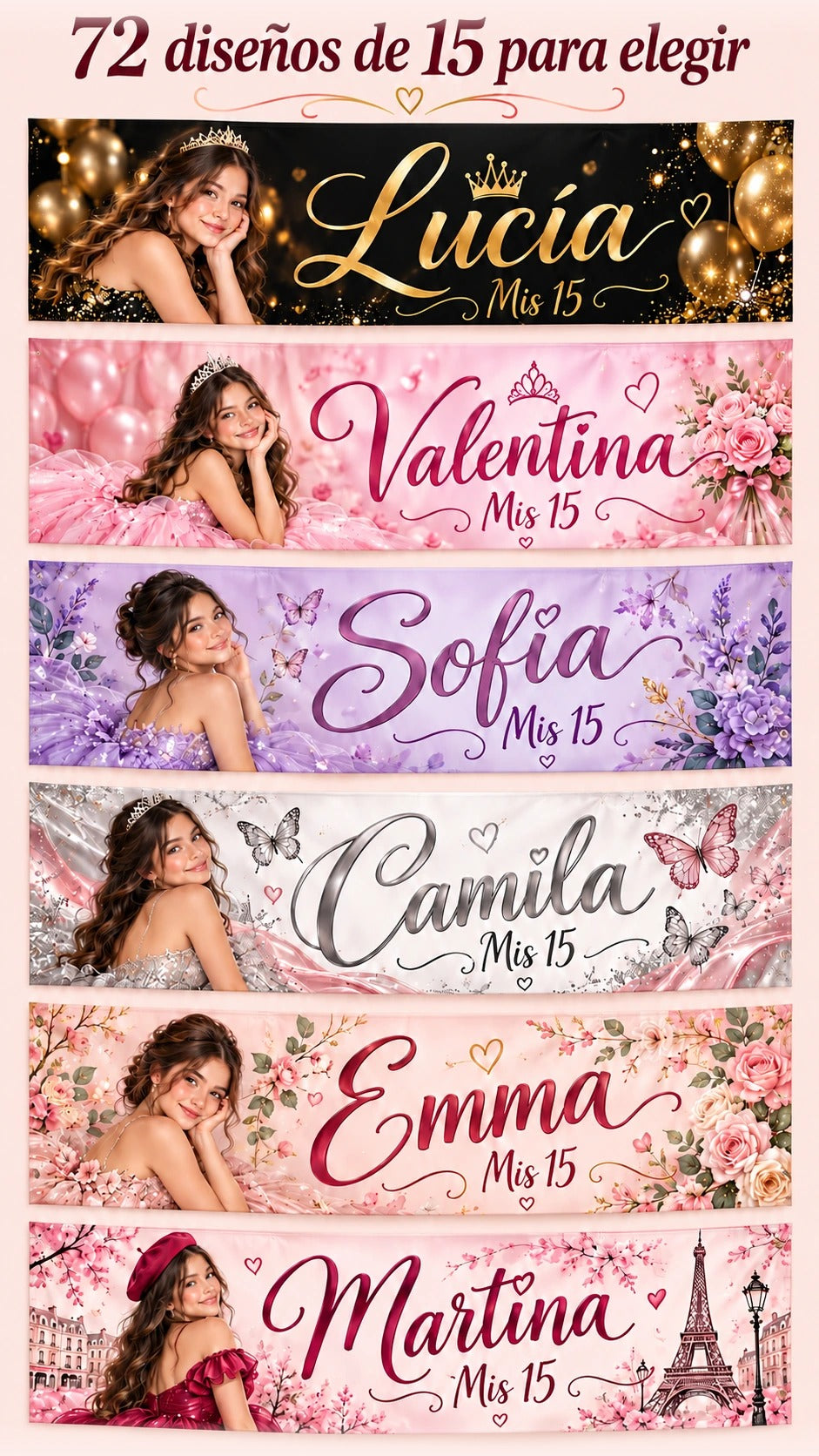 Seis ejemplos ilustrativos de estilos de quinceañera: negro y dorado, rosa, lila, plateado con mariposas, floral y París.