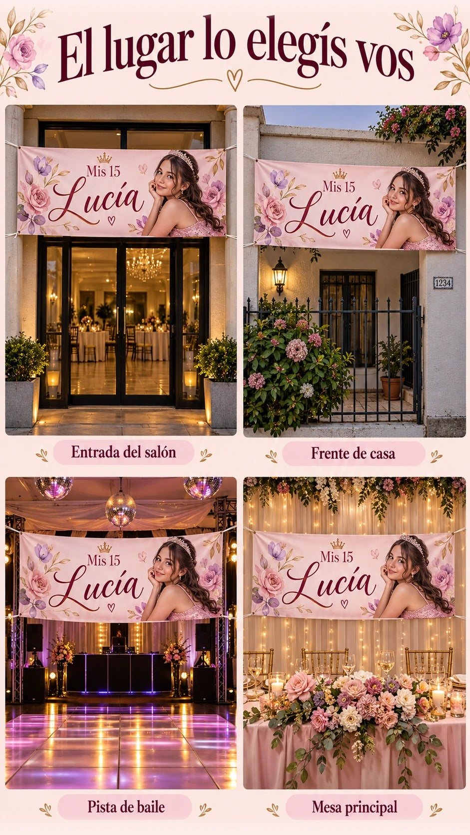 Ejemplos de ubicación en la entrada del salón, frente de casa, pista y mesa principal.